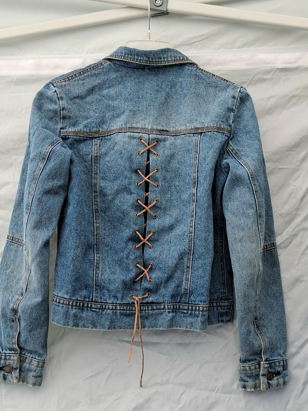 Giacca Medium Wash Blue Denim Lined Trucker Jacket Lace Up Corset Back Detail M